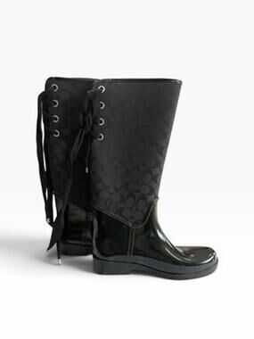 Coach Tristee Tall Black Signature Lace Up Rain Boots Womens Size 11B